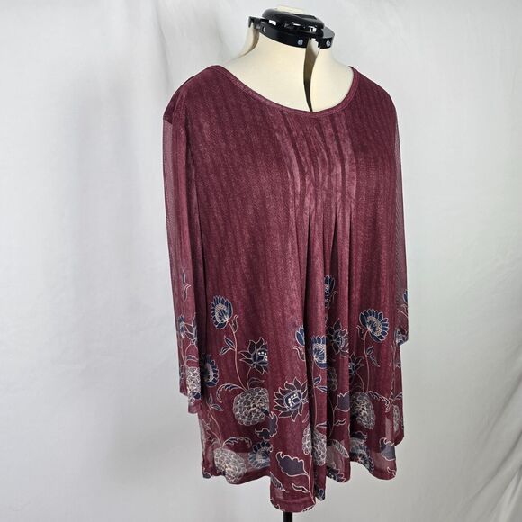 Timeson Blouse Women's 3XL Burgundy Floral Ruffle 3/4 Sleeve Round Neckline NWT - Picture 12 of 16